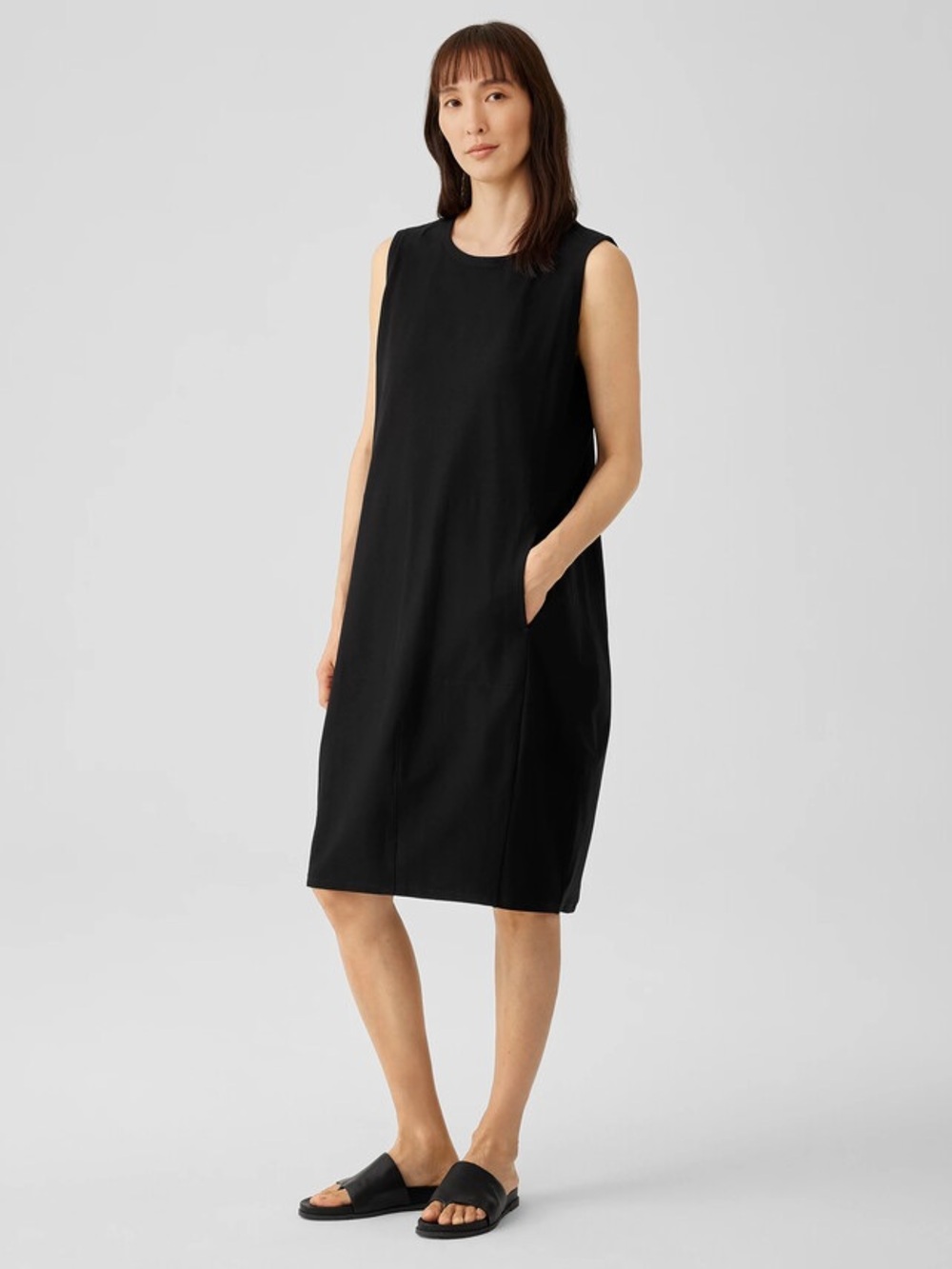 Eileen Fisher Black Sleeveless Midi Dress Lined M EUC Minimalist Quiet Luxury
